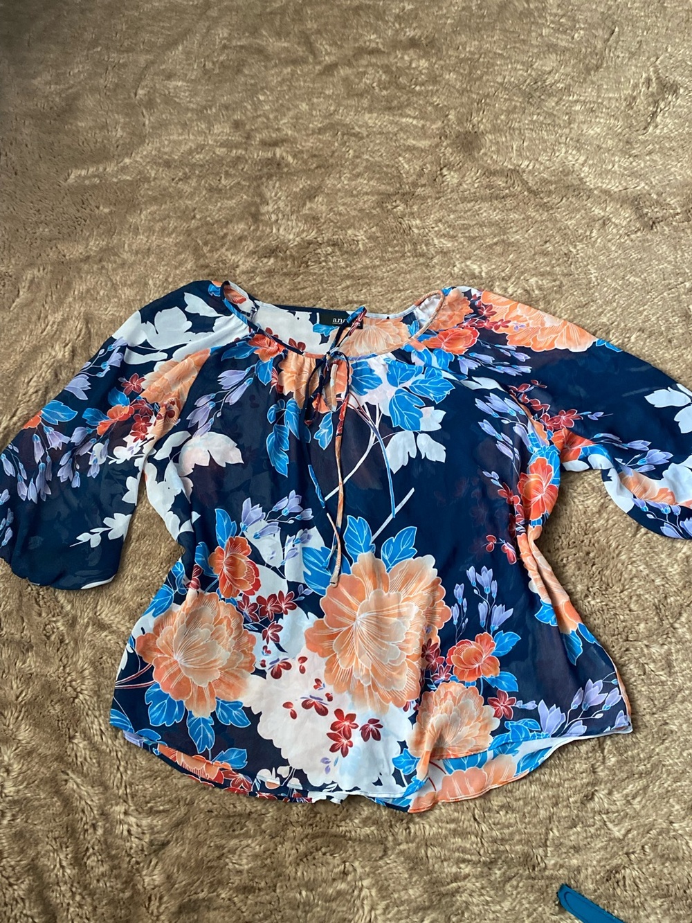 a.n.a Navy Floral Peony Print Blouse with Peach Accents